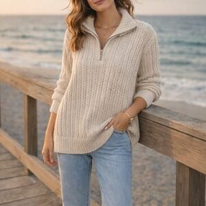 Aerie Womens Cream Chunky Knit Quarter Zip Sweater Small Cozy Preppy